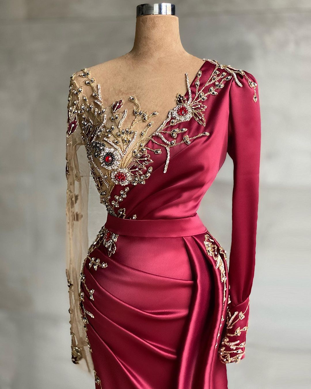 Mermaid Long V-neck Satin Burgundy Prom Dress with Sleeves