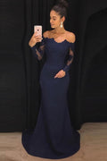 Abito da Ballo Lungo Smeraldo Blu Marino Scollato sulle Spalle con Maniche Lunghe PG723