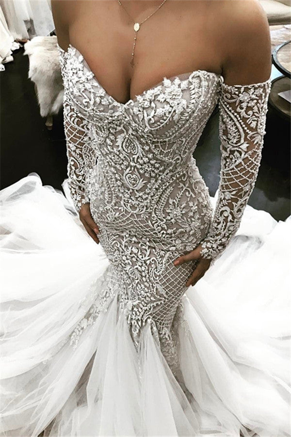 Nixen-Neuheit Langarm-Hochzeitskleid Off-the-Shoulder Spitze Neuheiten Brautmode