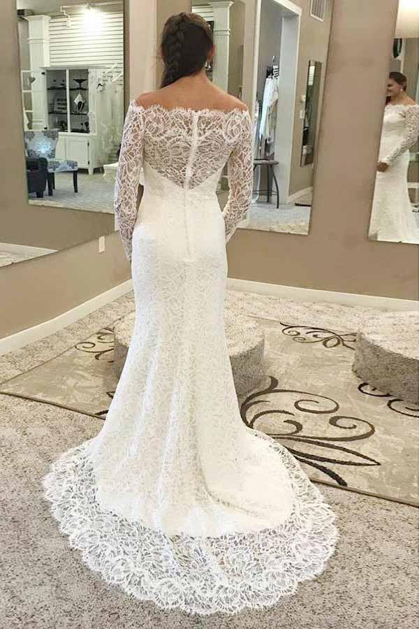 Meerjungfrau-Trägerloses Spitzen-Brautkleid mit langen Ärmeln