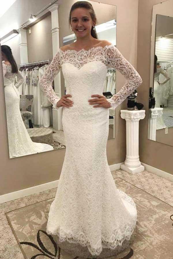 Meerjungfrau-Trägerloses Spitzen-Brautkleid mit langen Ärmeln