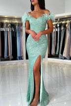 Mermaid Off-the-Shoulder Sequined Fur Long Prom Dresses with Split