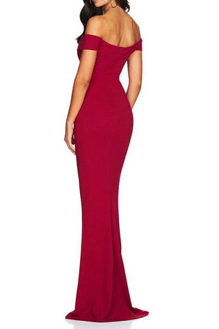 Vestido de festa comprido sereia com decote ombro a ombro e cauda comprida cor vinho PG792