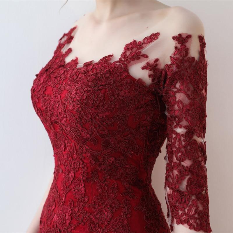 Vestido de festa comprido cor vinho com manga curta e sereia PSK068