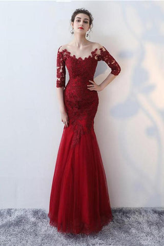 Vestido de festa comprido cor vinho com manga curta e sereia PSK068