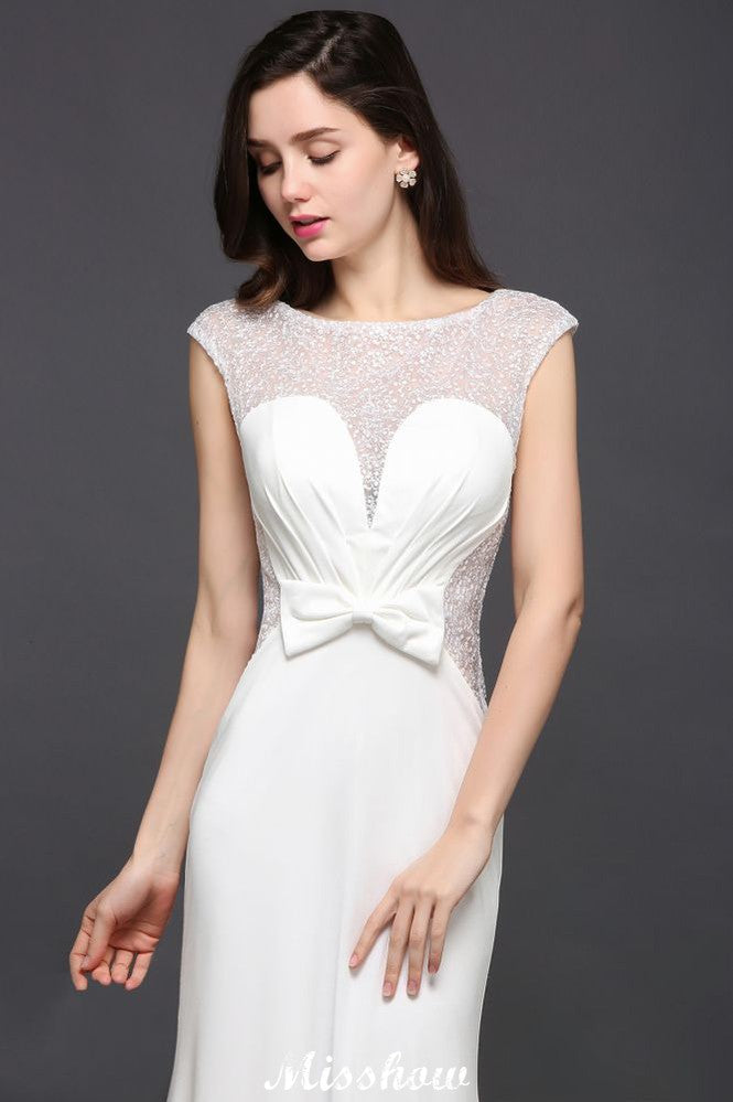 Meerjungfrau-Ausschnitt Weißes Chiffon Perlenbesatz Abendkleid