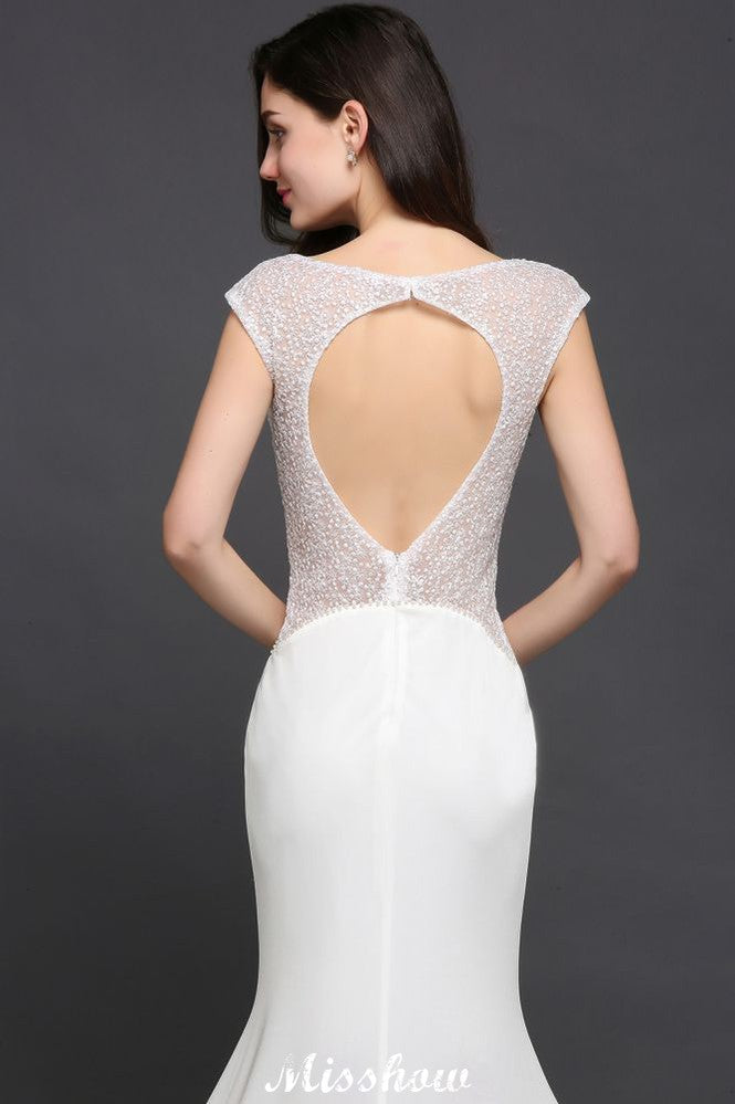 Meerjungfrau-Ausschnitt Weißes Chiffon Perlenbesatz Abendkleid