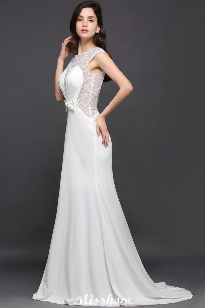 Meerjungfrau-Ausschnitt Weißes Chiffon Perlenbesatz Abendkleid