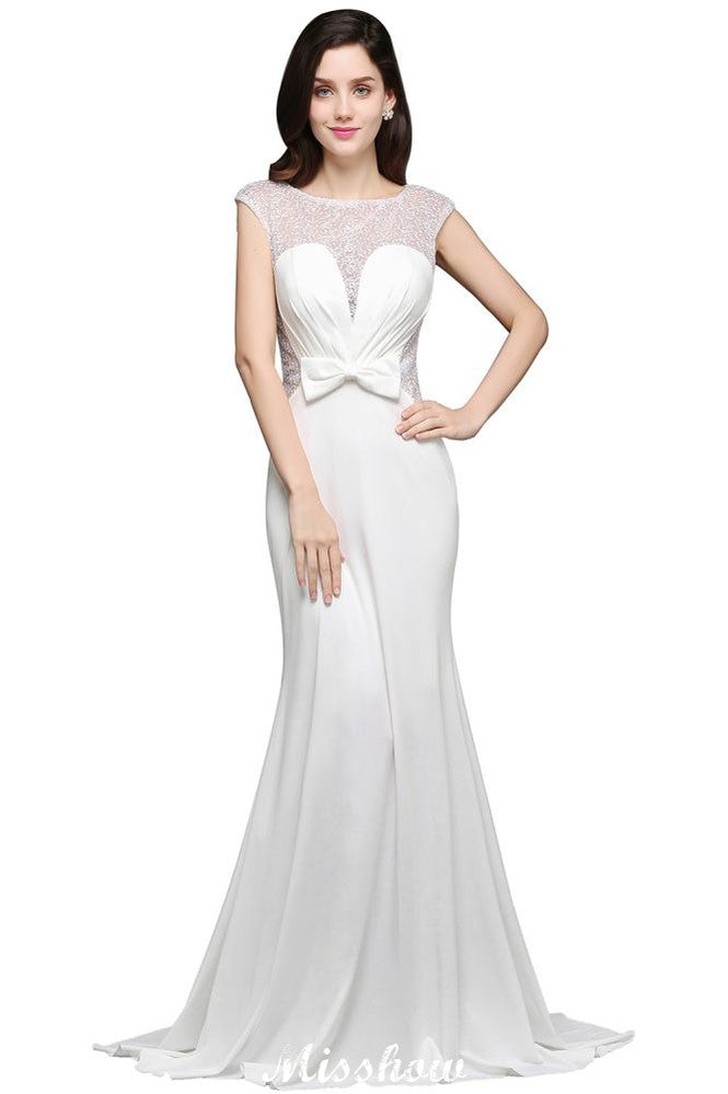 Meerjungfrau-Ausschnitt Weißes Chiffon Perlenbesatz Abendkleid