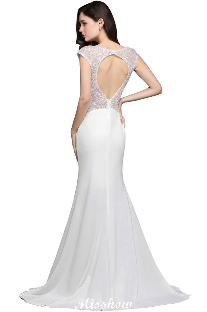 Meerjungfrau-Ausschnitt Weißes Chiffon Perlenbesatz Abendkleid