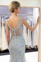 Meerjungfrau-Abendkleid mit ärmellosem Illusion-Ausschnitt und Kristall-Quasten