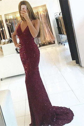 Mermaid Spaghetti Straps Burgundy Prom Dress with Sequins PG781