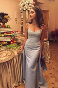 Abito da Sera/Formale Blu Satin con Spaghetti a Sirena e Appliques PG788