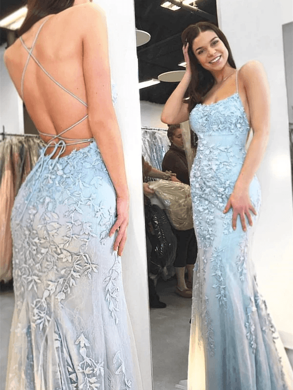 Mermaid Spaghetti Straps Criss Cross Light Blue Long Prom Dress PG721