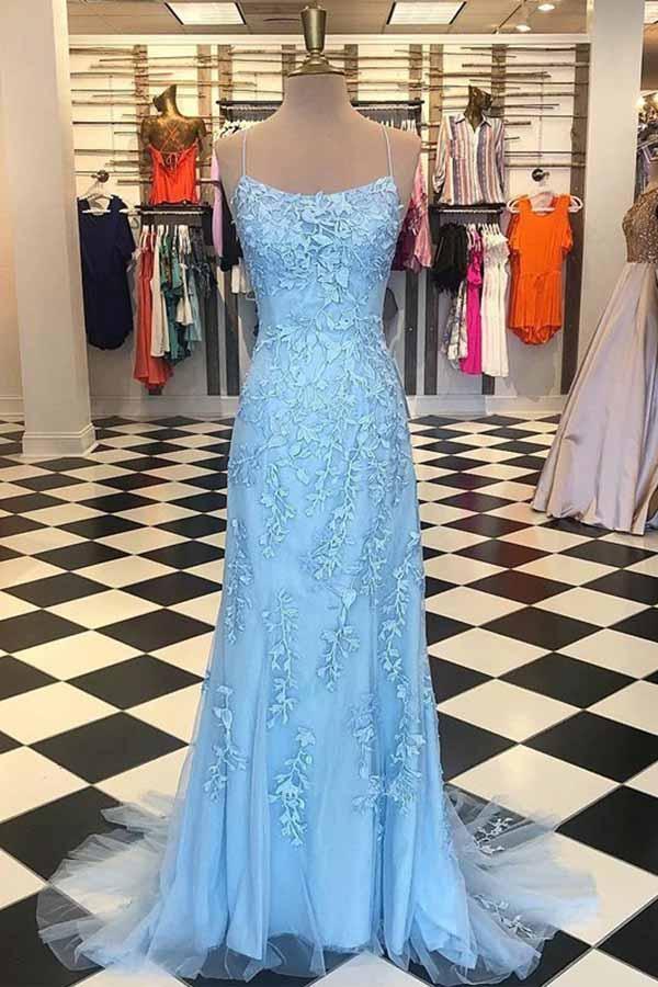 Vestido de festa comprido azul claro com alças finas e decote sereia PG721