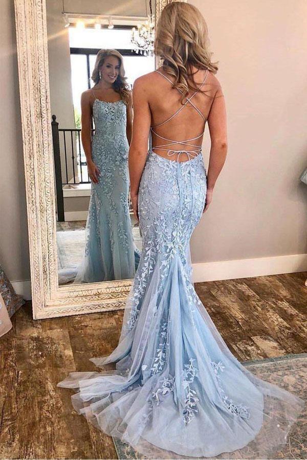 Mermaid Spaghetti Straps Criss Cross Light Blue Long Prom Dress PG721