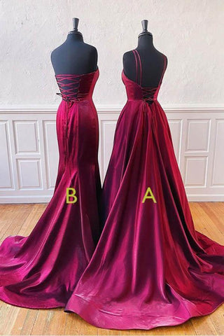 Trägerloses, geschlitztes, langes Ballkleid in Burgunderrot mit Schleppe PSK123