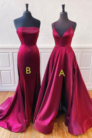 Trägerloses, geschlitztes, langes Ballkleid in Burgunderrot mit Schleppe PSK123