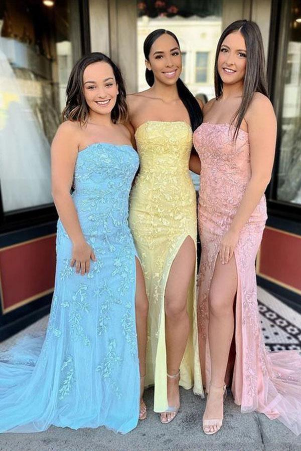 Vestido de festa/formal sereia, sem alças, azul-celeste, com racha e renda PSK075