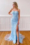 Meerjungfrau-Kleid, trägerlos, himmelblau, mit Schlitz, mit Spitze, PSK075