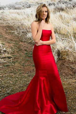 Mermaid Strapless Satin Sleeveless Split Pleats Red Prom Dress PG951