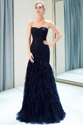 Robe de soirée longue sirène sans bretelles en tulle drapé avec décolleté cœur
