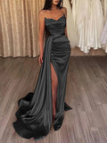 Sasha | Robe de soirée sirène, robe sexy pour bal de promo, traîne de cour, sans manches, sans bretelles, en satin avec fente, couleur unie