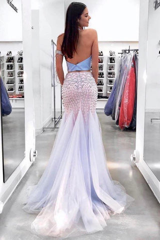 Mermaid Two Piece Beading Sky Blue Long Prom/Evening Dress PG854