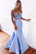 Meerjungfrau Zweiteiler Satin Blau Schnürung Langes Ball-/Abendkleid PG888