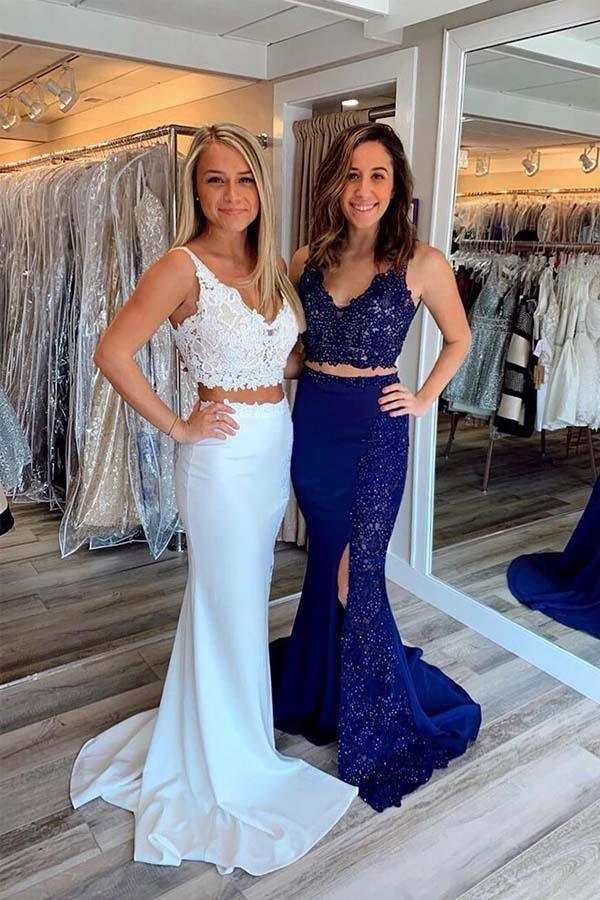 Vestidos de festa compridos com decote em V e racha, duas peças, estilo sereia, PSK052