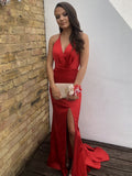 Robe de soirée formelle rouge à col en V sirène, dos nu, avec fente et attache-nuque