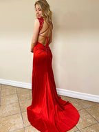 Mermaid V Neck Backless Satin Lace Long Prom Dresses with Slit Red Open Back Formal Evening Gowns