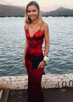 Mermaid V Neck Backless Satin Long Prom Dresses Open Back Formal Evening Gowns