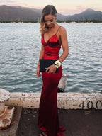 Mermaid V Neck Backless Satin Long Prom Dresses Open Back Formal Evening Gowns