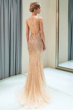 Vestidos de noite compridos com decote em V e sem mangas, cristais e missangas