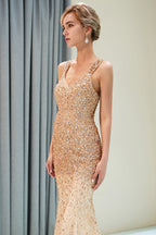 Vestidos de noite compridos com decote em V e sem mangas, cristais e missangas