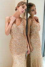 Vestidos de noite compridos com decote em V e sem mangas, cristais e missangas