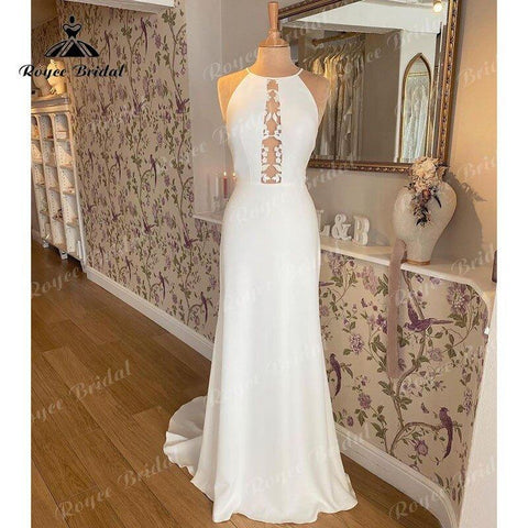 Meerjungfrau/Trompete Neckholder Weg Von der Schulter Brautkleid Satin Spitze Applique Open Back Illusion vestido de boda corte sirena 2022