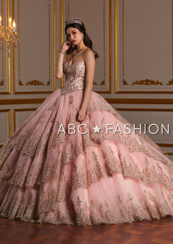 Trägerloses Quinceanera-Kleid aus metallischer Spitze von House of Wu 26938