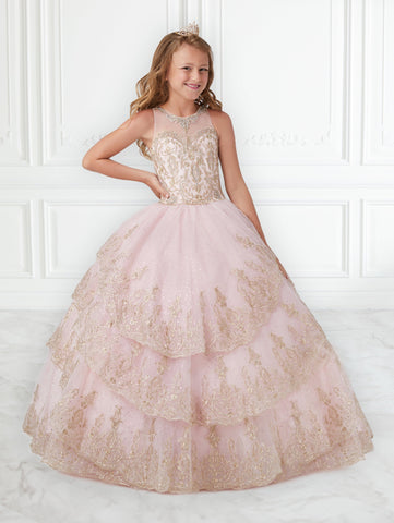 Trägerloses Quinceanera-Kleid aus metallischer Spitze von House of Wu 26938