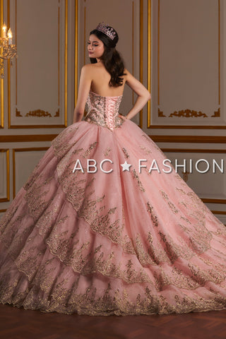 Trägerloses Quinceanera-Kleid aus metallischer Spitze von House of Wu 26938