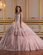 Metallic Lace V-Neck Quinceanera Dress by House of Wu 26927