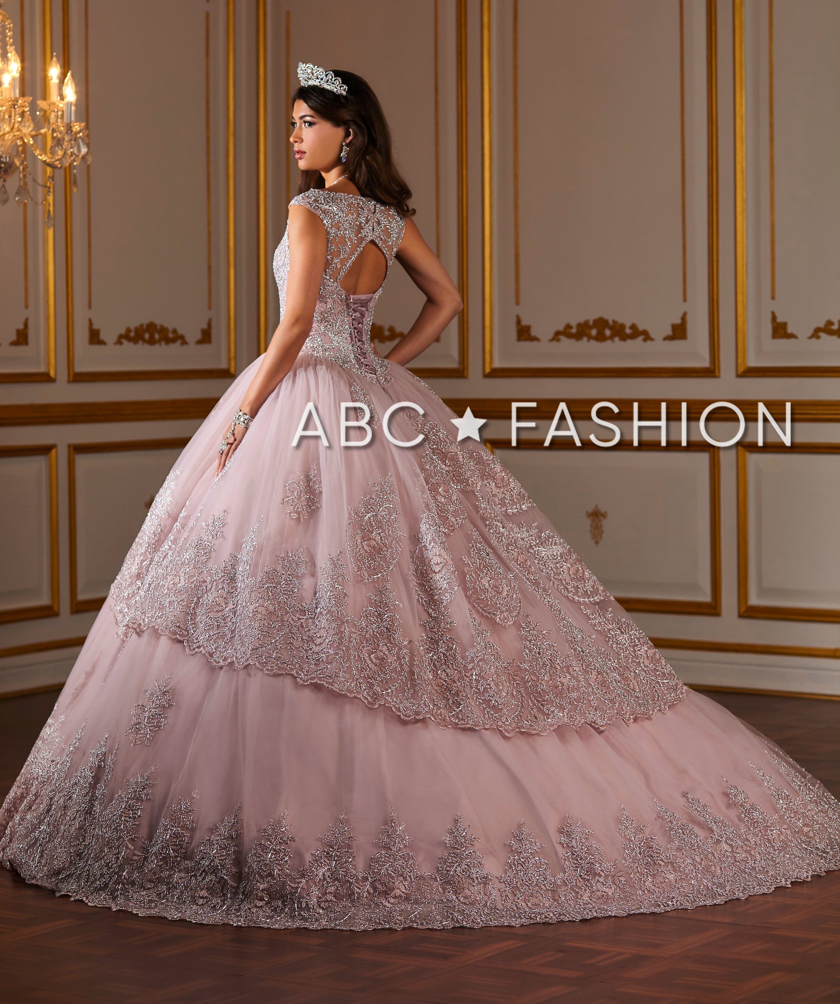 Metallic Lace V-Neck Quinceanera Dress by House of Wu 26927