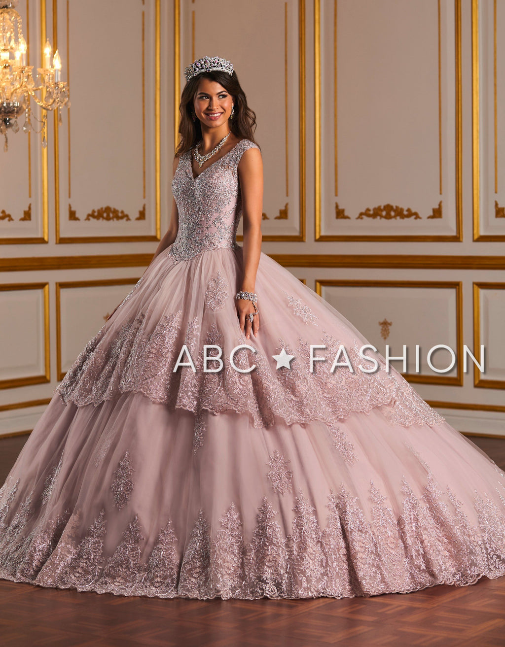 Metallic Lace V-Neck Quinceanera Dress by House of Wu 26927