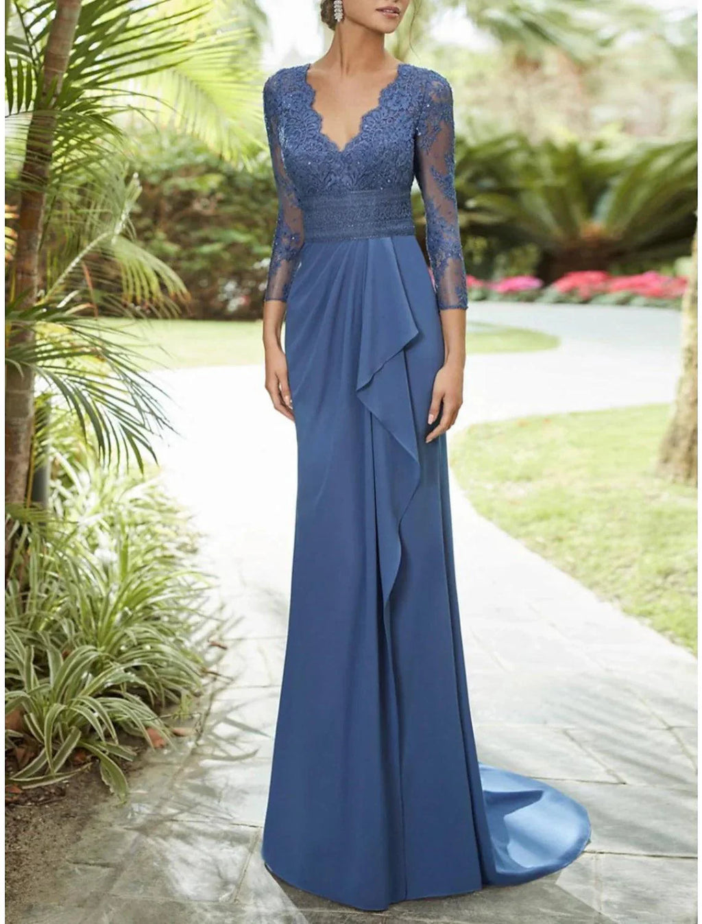 Vestido tubinho/coluna para mãe da noiva, festa de casamento, elegante, decote em V, cauda longa/escovada, chiffon, renda, manga 3/4, com pregas, lantejoulas, folhos