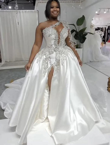 Formelle Brautkleider Ballkleid Eine Schulter Normale Träger Hofschleppe Satin Brautkleider Mit Perlenbesatz Geschlitzte Vorderseite