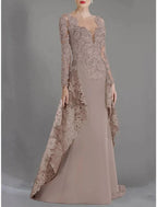 Etuikleid/Säulenkleid für die Brautmutter, Hochzeitsgast, elegante Party, V-Ausschnitt, Pinselschleppe, Stretch-Chiffon, lange Ärmel mit Spitzenrüschen