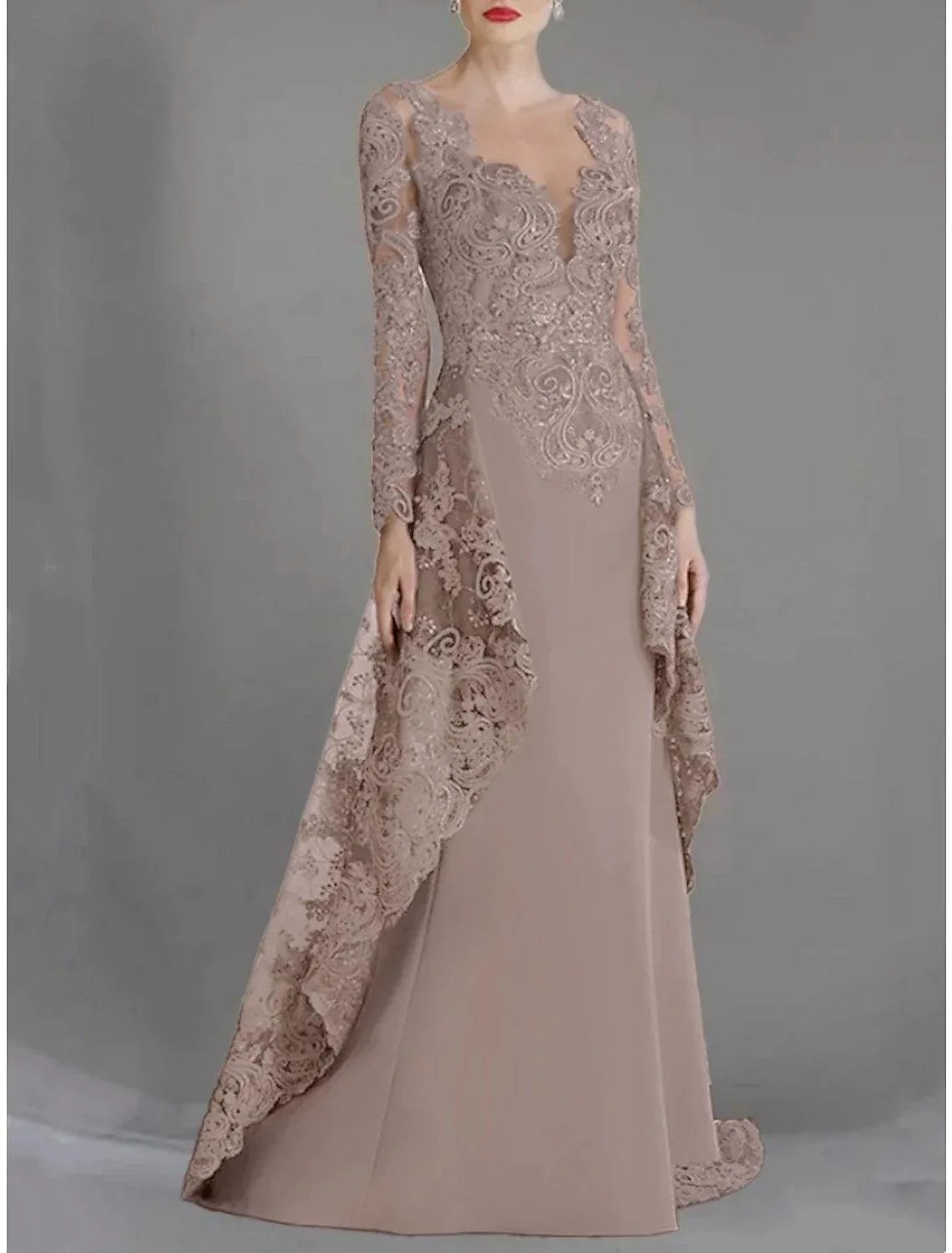 Vestido tubinho/coluna para mãe da noiva, convidada de casamento, elegante, festa, decote em V, cauda comprida, chiffon elástico, manga comprida, com renda franzida