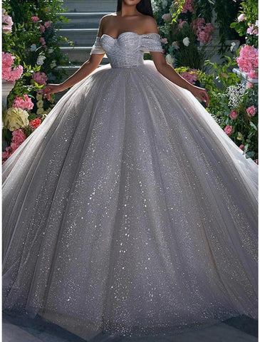 Verlobungs-Brautkleider mit Glitzer und Glanz, Ballkleid, schulterfrei, Flügelärmel, Kapellenschleppe, Pailletten-Brautkleider mit Volltonfarbe