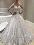 Robes de mariée de cérémonie formelles Robe de bal Décolleté cœur Manches longues Traîne de cour Robes de mariée en satin avec boutons et appliqués